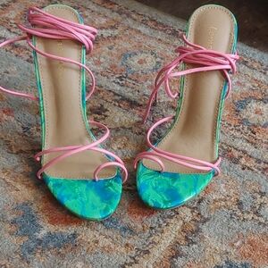 Women’s Strappy High-Heel Sandals in Pink and Turquoise